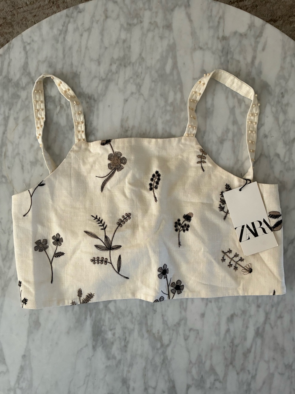 Zara Cream Cropped Top with Black Floral Embroidery